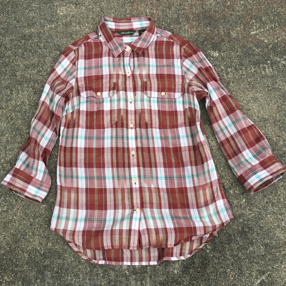 Eddie Bauer XS Roll Tab Sleeve Plaid Womens Blouse